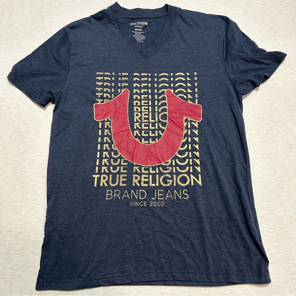 True Religion T-Shirt Medium Men's Loungewear‎ Blue Logo V Neck FLAW